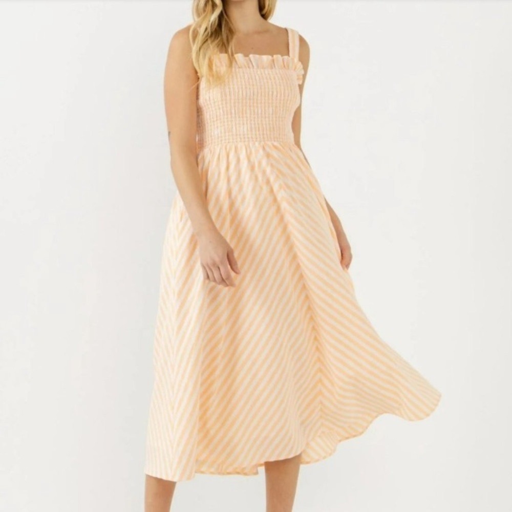 English Factory STRIPED SMOCKED MIDI DRESS XS summer party vacation romantic